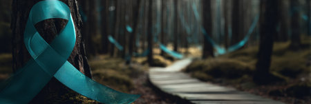 A vibrant PTSD ribbon weaves through a peaceful forest path, encouraging awareness and understanding in a tranquil natural setting of towering treesの素材