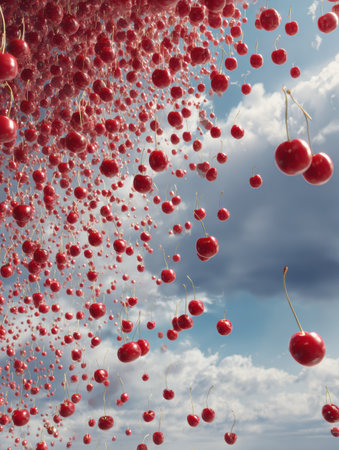 In a surreal world, cherries fall gently from the sky, creating a captivating spectacle against a backdrop of fluffy clouds and blue hues.の素材