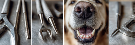 Close-up of dental tools alongside a dogs mouth during a teeth cleaning session, highlighting the importance of pet oral hygiene and health.の素材