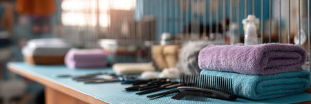 Various grooming tools and colorful towels are neatly arranged in a pet grooming section of a vet clinic, preparing for upcoming appointments.の素材