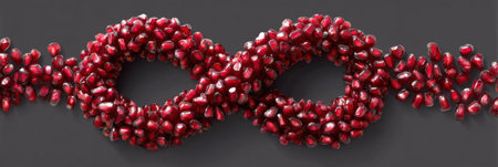Pomegranate seeds create a striking infinity shape, illustrating themes of wellness and vitality against a smooth dark backdrop with an open section at the top.の素材