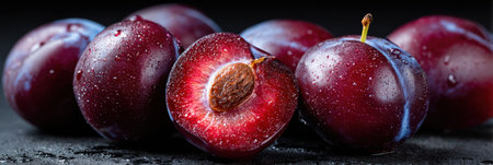A ripe plum displays its glowing sliced core, revealing a deep red interior along with whole plums beautifully arranged in a captivating setting.の素材