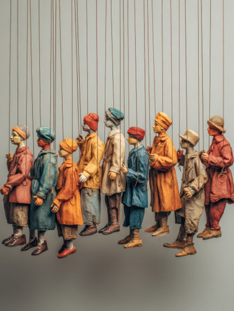 Puppets strung on wires depicting detailed figures engaged in scripted dialogues, featured against an abstract backdrop with a clear left area.の素材