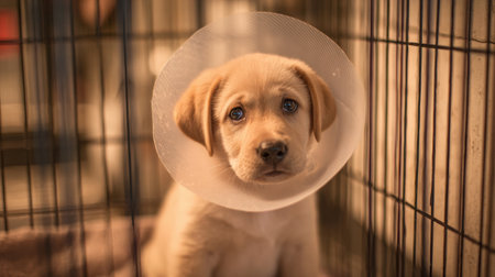 A small puppy wearing a medical cone sits comfortably in a cozy vet cage, illuminated by soft, warm lighting, exuding calmness and vulnerability.の素材