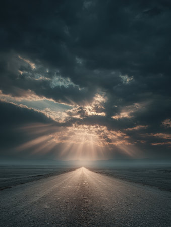 A winding road leads into a vast sky, where light pierces dark clouds, representing the journey of PTSD recovery towards hope.の素材