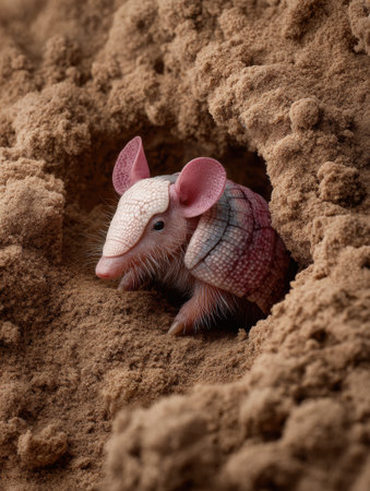 The pink fairy armadillo rests partially buried in soft earth, showing its unique coloration and texture in a serene natural habitat during daylight.の素材