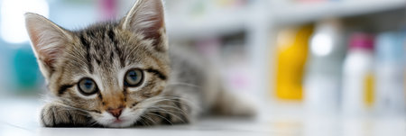 Curious kitten investigates a veterinary office, enjoying its surroundings with colorful supplies and a calm atmosphere full of exploration and discovery.の素材