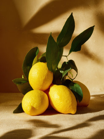 A vibrant gathering of lemons sits gracefully with lush green leaves under warm golden light, creating a tranquil and inviting ambiance that soothes the sensesの素材