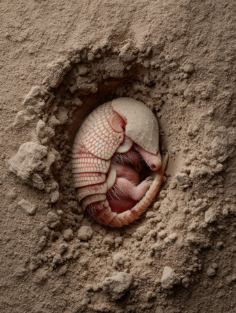 This pink fairy armadillo is partially buried in soft earth, highlighting its natural camouflage and unique physical characteristics in its habitat.の素材