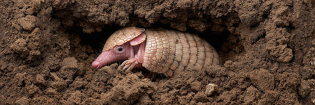 A pink fairy armadillo is partially buried in soft earth, showing its unique features and environment in a natural setting.の素材