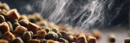 Steaming pet food fills the frame with clear details, highlighting the texture and aroma in a soft-focused setting that enhances the freshness.の素材