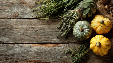 Autumn squash in green and yellow, paired with dried herbs, gleams against a rustic wood backdrop, embracing the seasons bounty.の素材