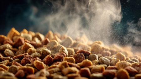 Freshly prepared pet food emits steam, showcasing a variety of shapes and colors with a blurred backdrop that highlights the foods texture and warmth.の素材