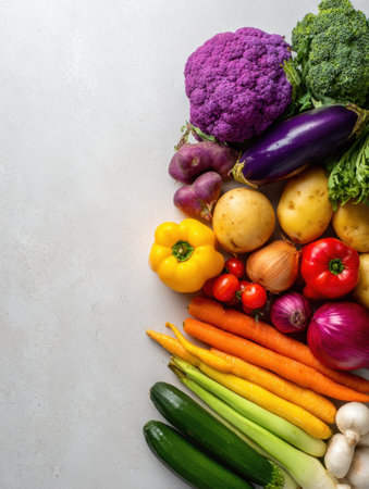 A vibrant assortment of vegetables featuring purple cauliflower, broccoli, zucchini, and a variety of peppers, ideal for cooking and nutritionの素材