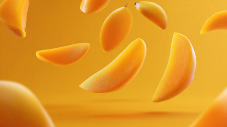 Bright mango slices suspended in the air cast precise shadows against a smooth yellow backdrop, creating an appealing visual display.の素材