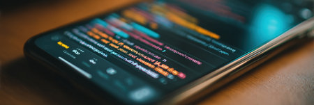 Phone screen displays multiple languages being translated, showcasing technologies role in enhancing communication across cultures during daily activities.の素材