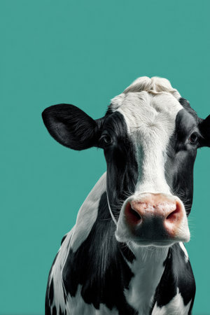 A realistic dairy cow poses against a solid teal background, emphasizing its distinct black and white patterns and gentle demeanor in a modern settingの素材
