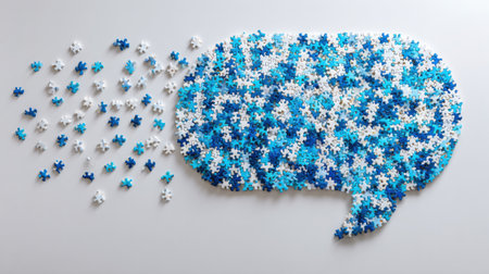 Colorful puzzle pieces arranged to form a speech bubble, representing teamwork and communication against a clean and minimal background with ample left space.の素材