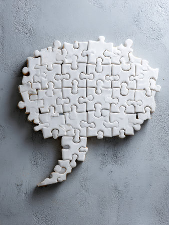Puzzle pieces are arranged to form a speech bubble, symbolizing communication and teamwork, set against a clean, minimal background with empty space.の素材