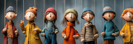 Colorful puppets are suspended by strings, representing scripted conversations, set against a soft, abstract backdrop. The left third remains unoccupied.の素材