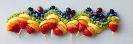 Fruit skewers featuring strawberries, kiwis, grapes, and other fresh fruits are artistically arranged in a vibrant wave shape on a white surface.の素材