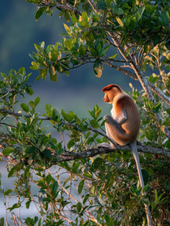 Proboscis monkey sits quietly on a tree branch near a river, illuminated by soft evening light, with lush greenery surrounding its tranquil perch.の素材