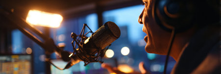 A radio host passionately speaks into a microphone, illuminated by studio lights, as city lights twinkle in the background during an evening broadcast.の素材
