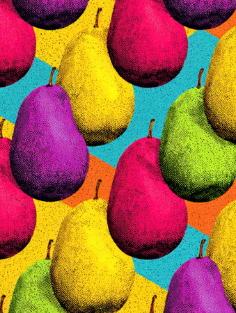 Bright mangoes in pop art style fill the canvas with bold colors and geometric patterns, while a blank right margin enhances the modern design concept.の素材