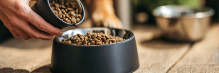A pet owner is carefully pouring dry food into a modern pet bowl, creating a welcoming atmosphere in a stylish indoor space.の素材