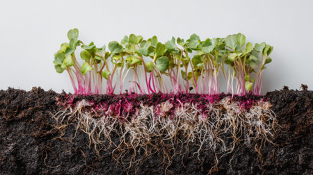 Radish sprouts thrive in soil cross-section, revealing developing roots and vibrant greens above, emphasizing nourishment and healthy growth in nature.の素材