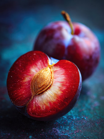 Ripe plum with vivid red skin sits beside a sliced core, emanating a soft glow in a mystical atmosphere, captured in a deep-toned background.の素材