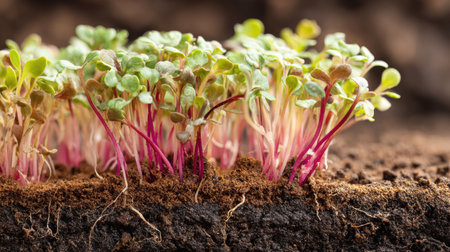 Radish sprouts emerge from fertile soil, highlighting their growth potential and wellness benefits with the upper third left untouched for a natural look.の素材