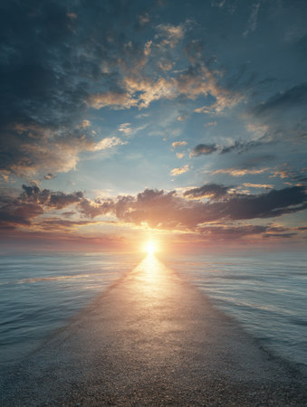 Calm waters reflect a warm sunrise signaling a hopeful future for those on a recovery journey from PTSD, illuminated by the emerging light of day.の素材