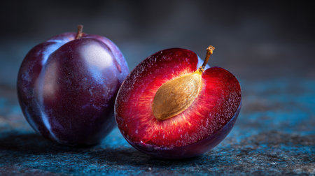 Plum slice showcases its vibrant core and golden pit, glowing subtly with an enchanting tone on a clean, dark surface, emphasizing its freshness.の素材