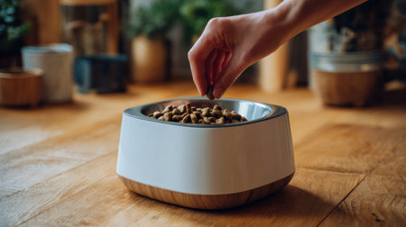 Hand holds dry pet food, carefully pouring it into a stylish bowl placed on wooden floor in a warm and inviting living space, early morning light streaming in.の素材
