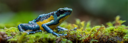 A vibrant poison dart frog sits confidently on lush green moss, surrounded by a softly blurred forest background that enhances its striking colors.の素材