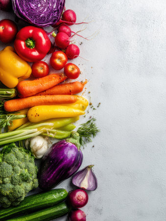 A colorful assortment of fresh vegetables including peppers, carrots, and broccoli arranged neatly on a light background, perfect for culinary inspiration.の素材
