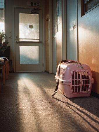 A pet carrier and leash sit beside the clinic door in a sunlit corridor, creating a warm and inviting space for animals and their owners.の素材