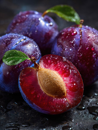A ripe plum with a sliced core glows softly, while droplets adorn its skin, set against a dark, clean background providing an enchanting view.の素材