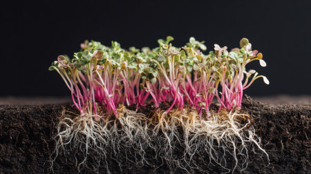 Radish sprouts thrive in soil cross-section, highlighting vibrant roots and greens, emphasizing health benefits and growth potential for nutrition enthusiasts.の素材