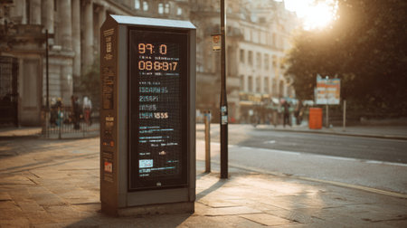 A public announcement board shows digital messages in a bustling urban street as morning sunlight casts a warm glow, creating a lively city vibe.の素材