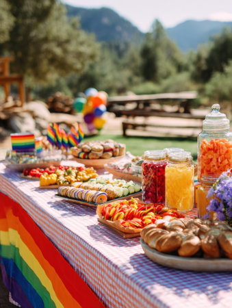 Colorful picnic table features pride decorations and an array of tasty food items in a vibrant outdoor location surrounded by nature and sunshine.の素材