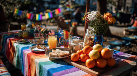 Bright picnic table adorned with pride-themed decorations features fresh fruit, drinks, and various snacks, creating a joyful atmosphere for the gathering.の素材