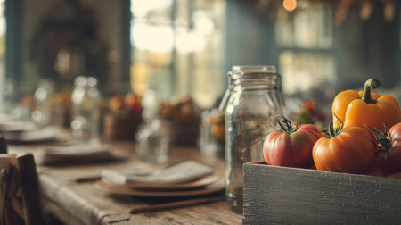 Fresh tomatoes and bell peppers are artfully arranged in wooden crates on a rustic table, creating an inviting farm-to-table atmosphere in a cozy eateryの素材