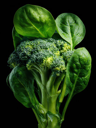 Fresh broccoli and spinach are arranged beautifully under modern lighting against a dark background, emphasizing their vibrant colors and textures.の素材