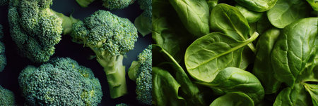 Studio arrangement of fresh broccoli and spinach showcasing their rich green colors under modern lighting, creating a visually appealing displayの素材