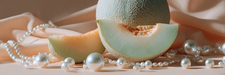 Soft colors and textures highlight cantaloupe slices next to shimmering pearls, arranged elegantly on draped fabric, creating a tranquil ambiance.の素材