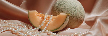 A cantaloupe slice lies next to a whole fruit, adorned with pearls on soft fabric, creating a calm, elegant minimalist scene.の素材