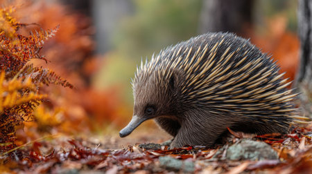 A spiny echidna is foraging among vibrant autumn foliage, highlighting the seasons warm hues while exploring its woodland habitat.の素材