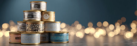 A stack of gourmet wet food cans showcases an elegant design, highlighted by soft lighting, creating a refined atmosphere in an uncluttered space.の素材
